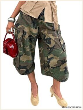 Women's Cargo Capri Pants High Waist Wide Leg Camouflage Utility Denim Baggy